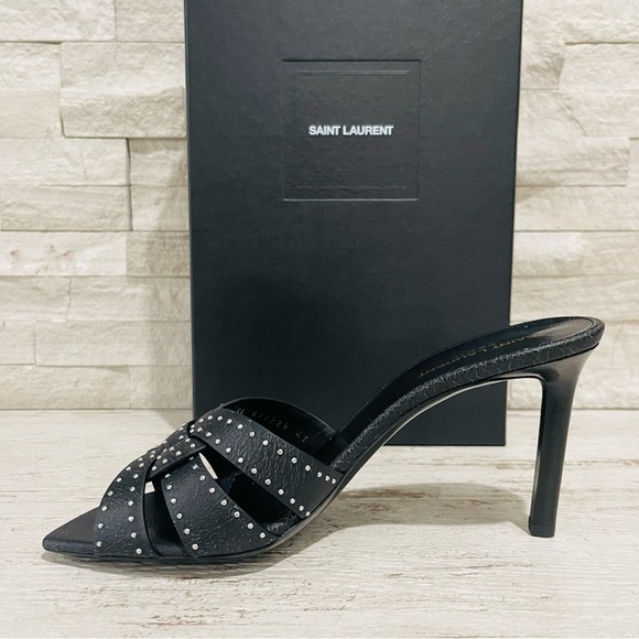 Saint Laurent Tribute Crackle Effect w/Studs Black Leather Stiletto Sandals Sz41 - Picture 8 of 16